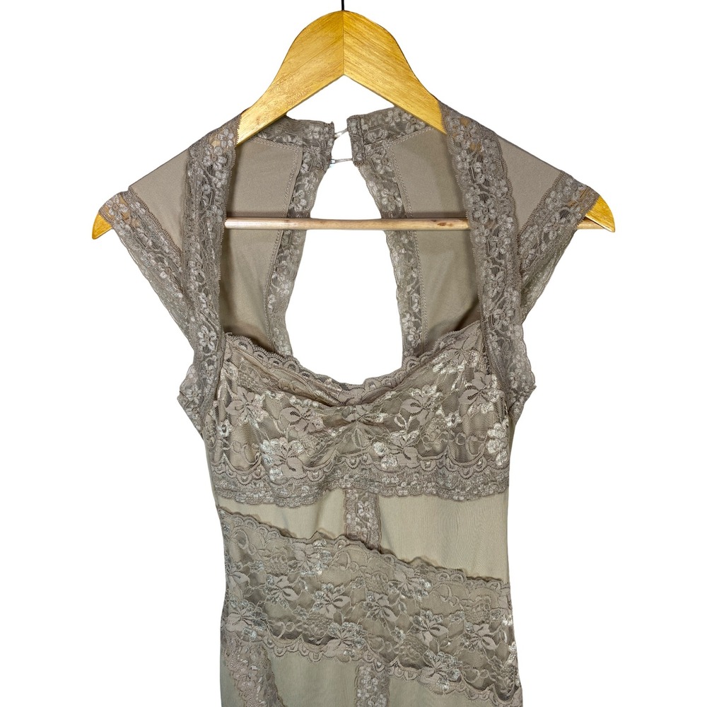 Silvergate Womens Lace Bodycon Dress Taupe Tan Open Keyhole Back Sleeveless S - Picture 5 of 11